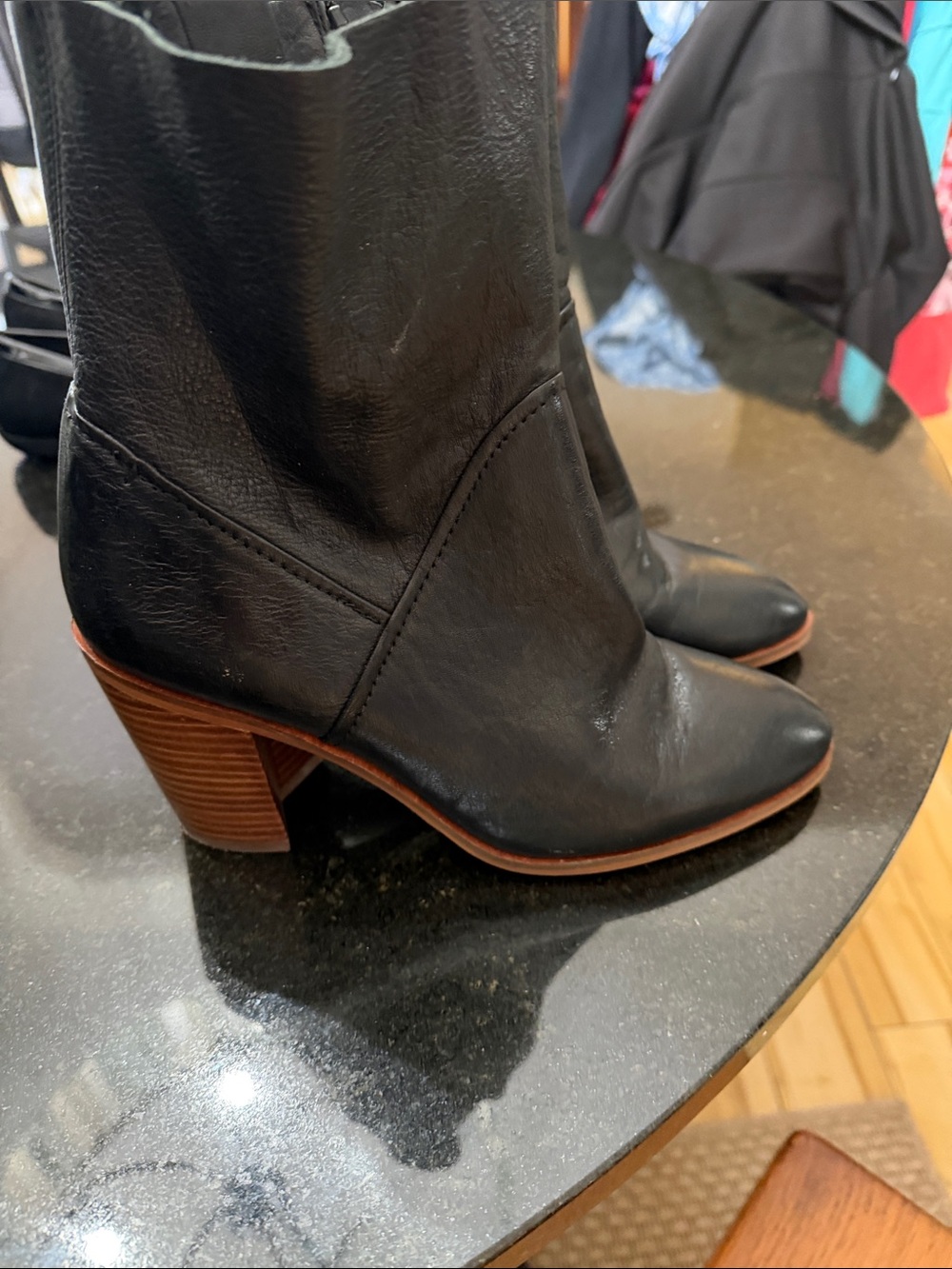 Aldo Black Leather Ankle Boots with Stacked Brown Heel